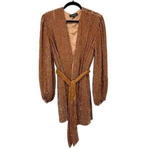 Retrofete $635 Bronze Mini Dress Gabrielle Sequin Velvet Belted Wrap NWT Medium